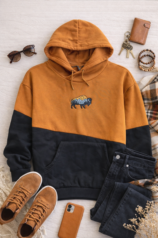Buffalo Colorblock Hoodie – Western Bison Graphic Hoodie | Rustic Cowgirl Pullover
