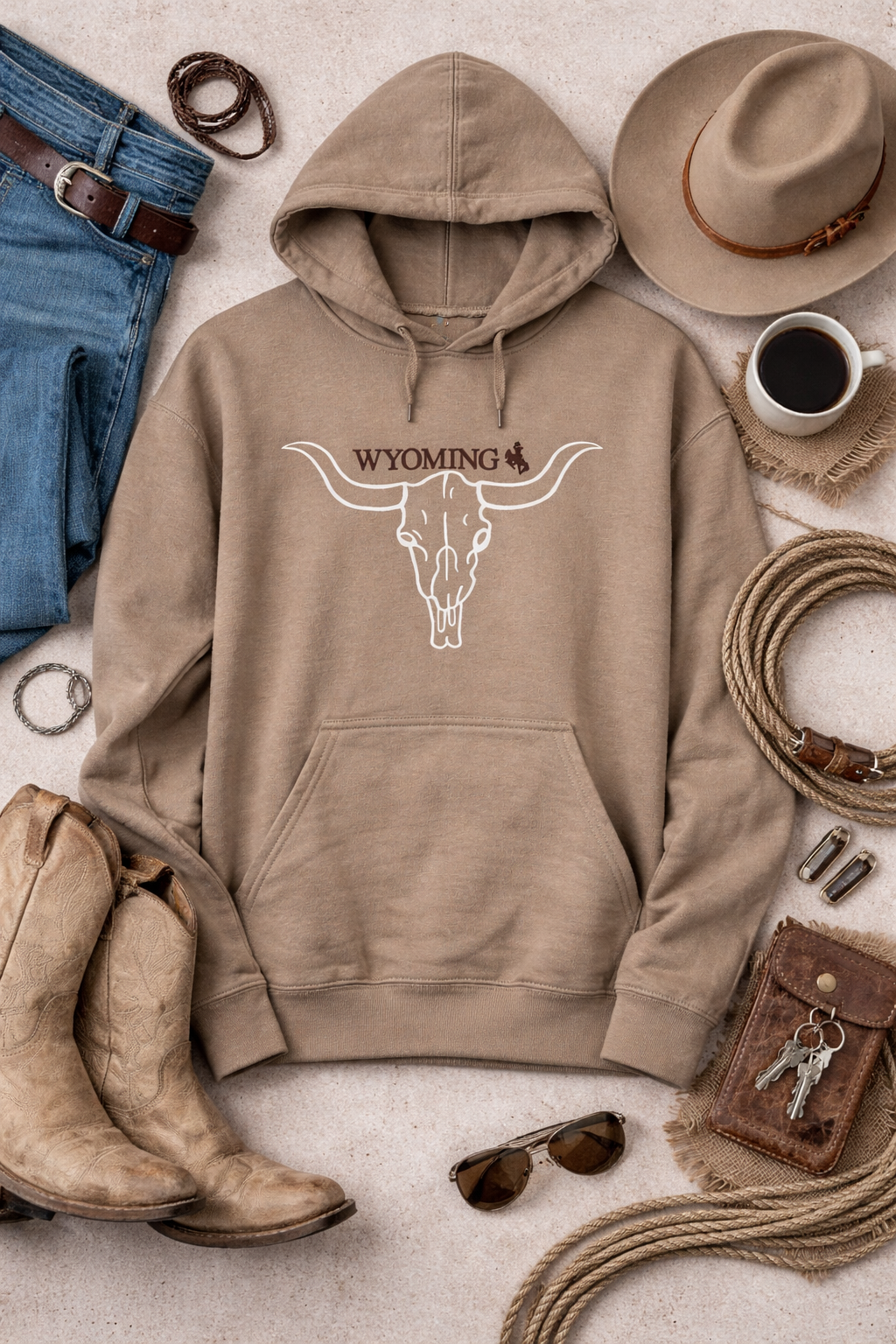 Wyoming Longhorn Skull Hoodie – Western Graphic Pullover | Neutral Tan