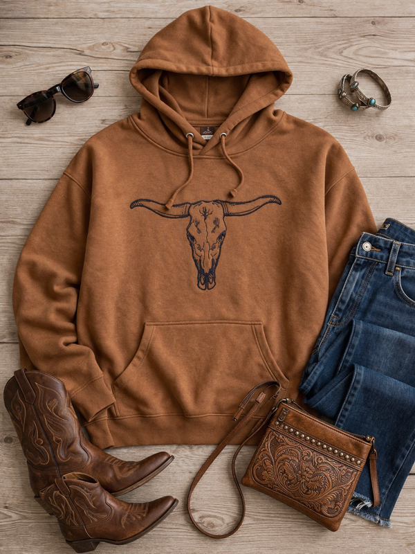 Longhorn Skull Hoodie – Western Graphic Hoodie | Rustic Cowgirl Pullover Sweatshirt