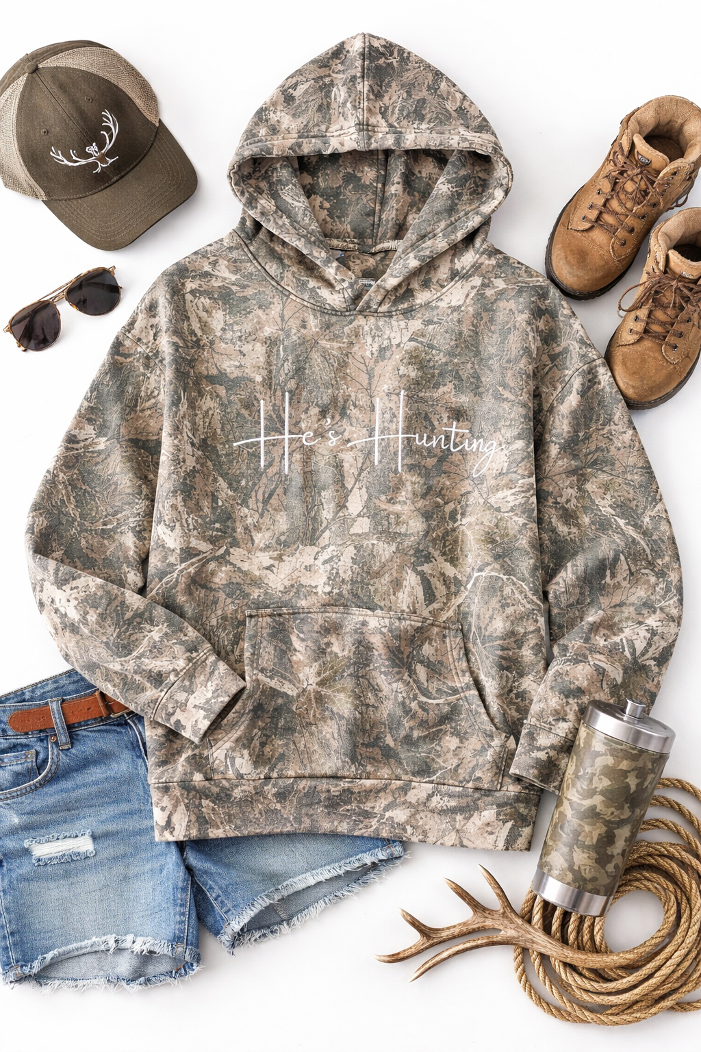He’s Hunting Camo Hoodie – Funny Hunting Hoodie for Women | Western Graphic Pullover