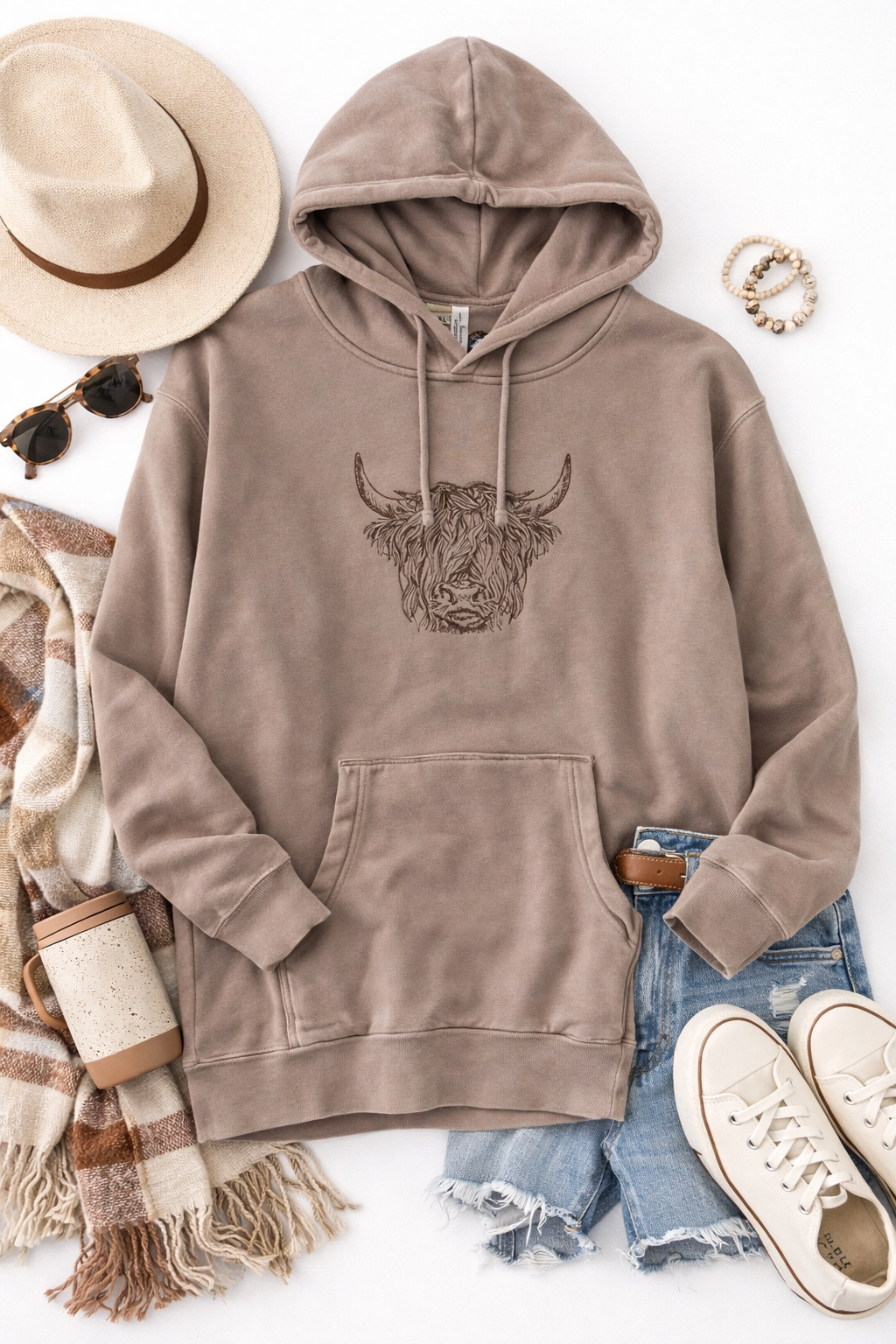 Highland Cow Hoodie – Western Graphic Pullover | Taupe Cozy Sweatshirt