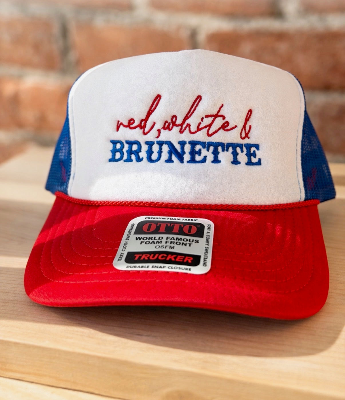 Red, White & Brunette Trucker Hat – Patriotic Foam Hat | Funny Summer Americana Cap
