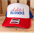 Red, White & Blonde Trucker Hat – Patriotic Foam Hat | Funny Summer Americana Cap